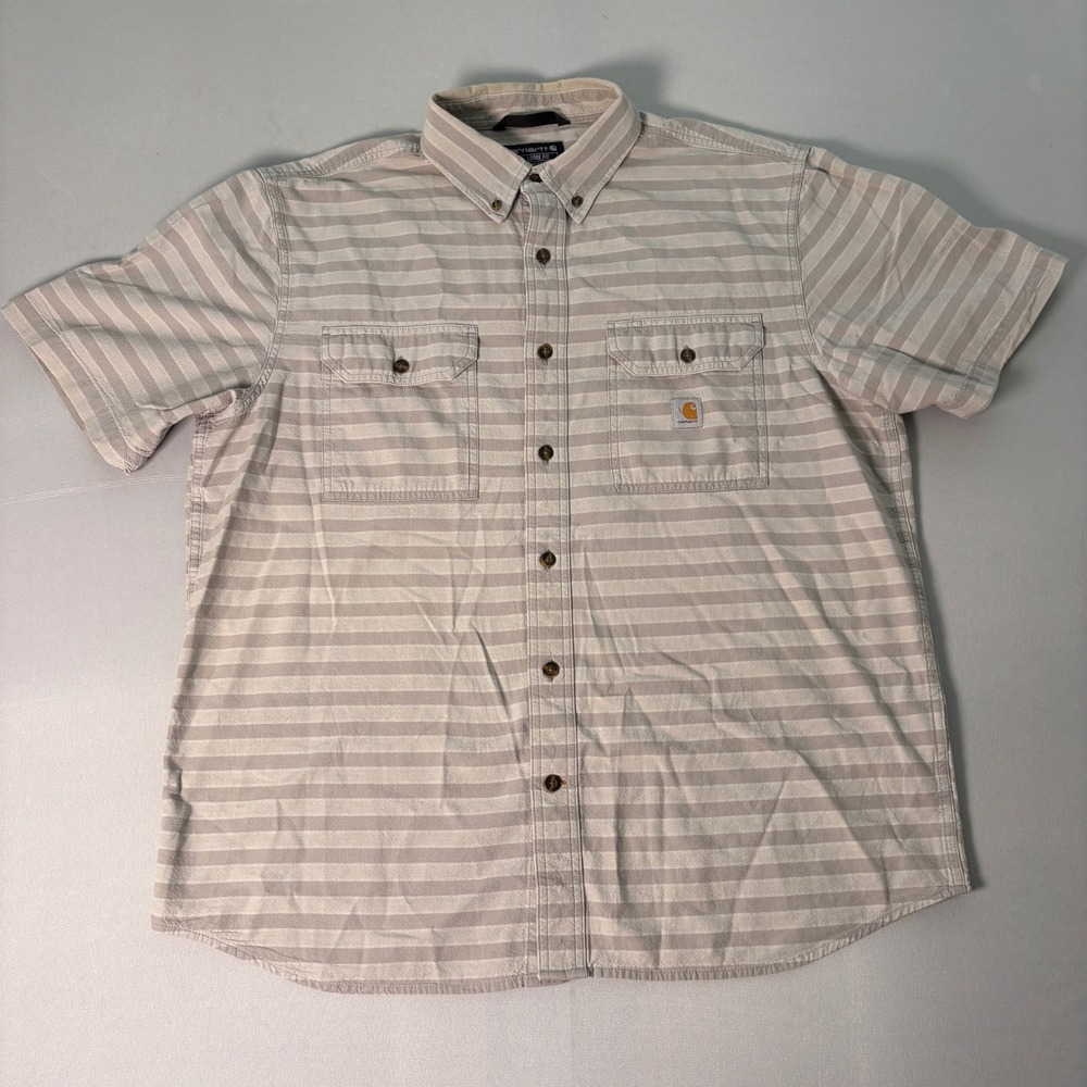 Carhartt Mens Loose Fit Striped Short Sleeve Button Down Shirt Tan Large 105175